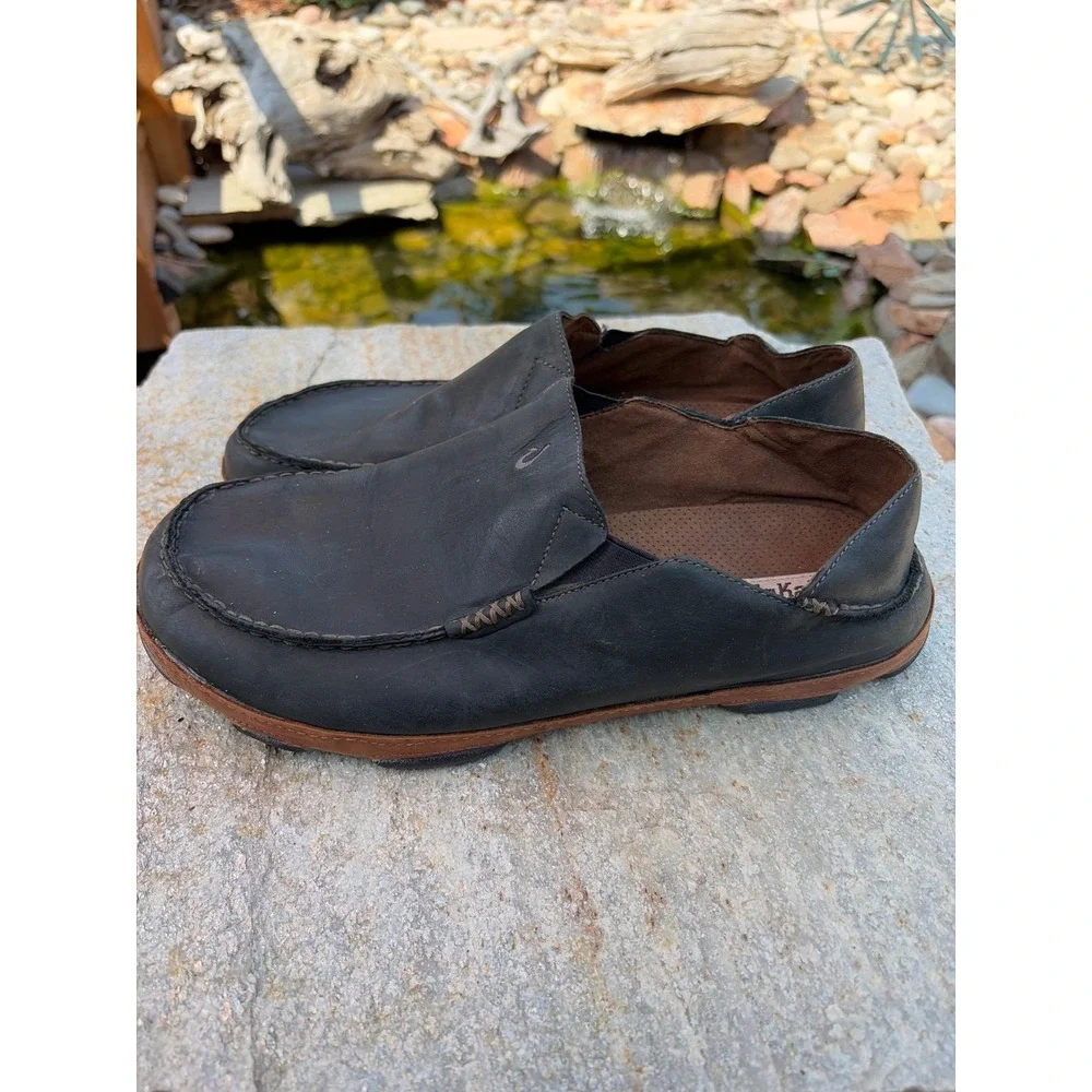 Olukai Moloa Mens Leather Loafers Dark Wood Brown Slip On Shoes Size 13